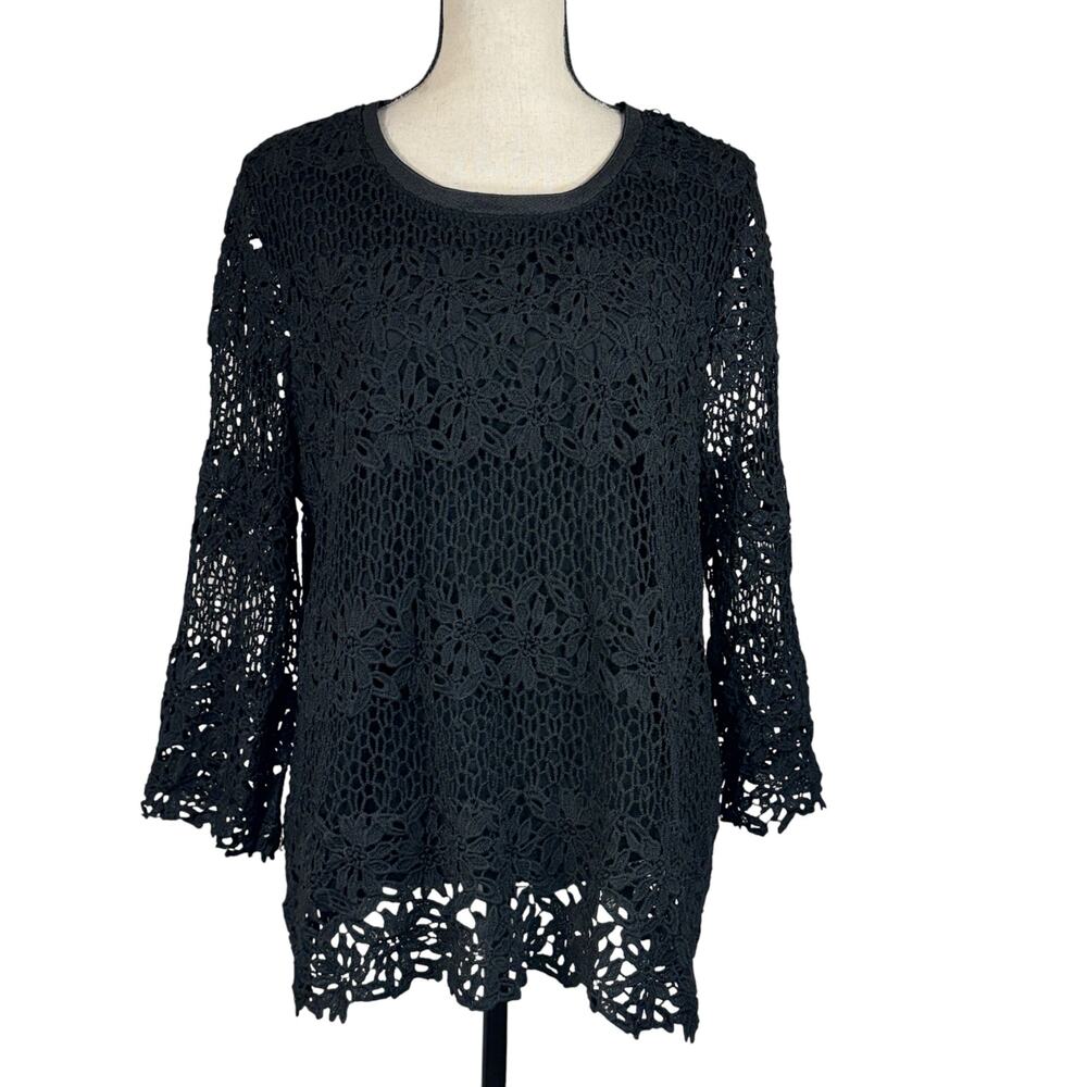 Alfred Dunner X-Large Top Floral Crochet Overlay 3/4 Flare Sleeves Stretch Black